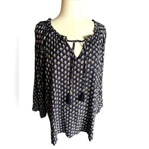 Women’s|Tribal|Crinkle Blouse|XL/Blue, White & Gold|Tassel Tie|NWOT